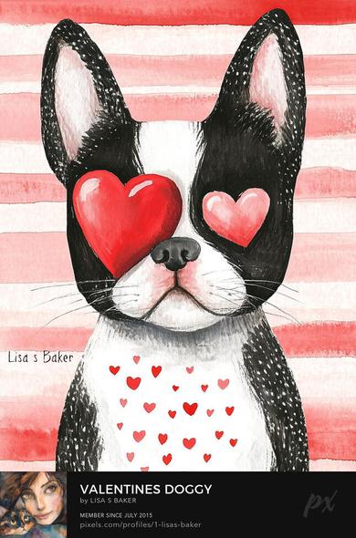 This adorable artwork by Lisa S. Baker features a cute French Bulldog with heart-shaped red eyes, exuding a playful and loving vibe. Set against a soft striped pink and white background, the dog’s chest is decorated with small red hearts, adding a charming and romantic touch to the piece.