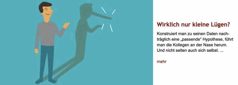 Zeichnung eines jungen Mannes, der erklärend einen Arm ausstreckt. Er wirft einen langen Schatten hinter sich, dessen Nase "Pinocchio-artig" verlängert ist. Rechts daneben Überschrift "Wirklich nur kleine Lügen?" des im Post verlinkten Artikels, gefolgt von dessen Vorspann.