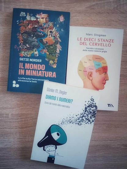 Tre libri su tavolo di legno:

- "Il mondo in miniatura" di Sietze Norder
- "Le dieci stanze del cervello" di Marc Dingman
- "Diamo i numeri" di Günter M. Ziegler