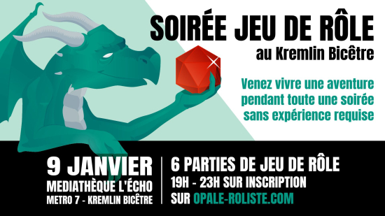 Visuel de la soirée jeu de rôle avec l'illustration du logo d'Opale Rôliste: un dragon vert tenant un D20 et l'observant.