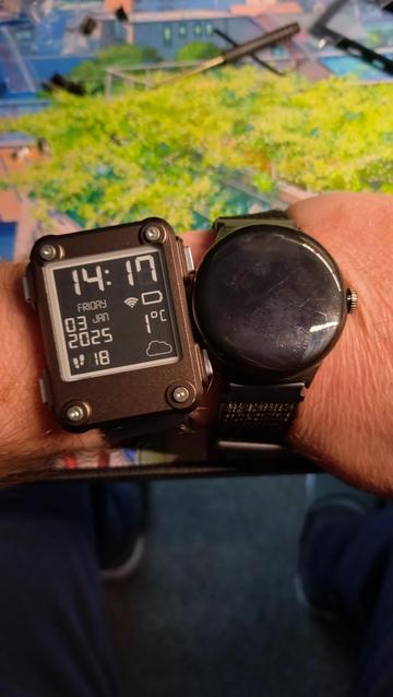 2 watches on a wrist. Watchy vs Pixel 1