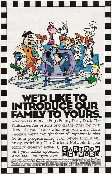 A cast of cartoon characters sit on a couch watching a television. Huckleberry hound pops out of the TV.