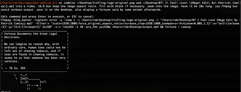 ffmpeg command to combine image and audio. also cowsay.