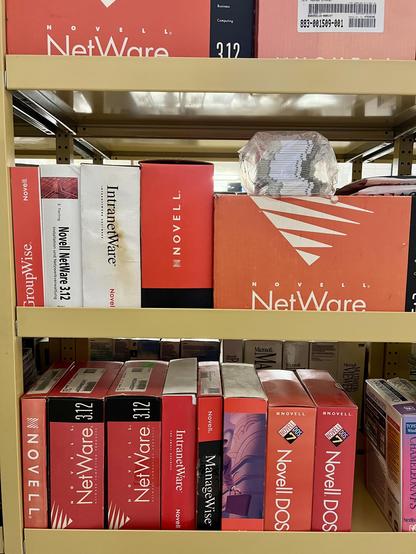 A shelf displaying several boxes of Novell software, including NetWare, IntranetWare, and ManageWise, along with a cluster of disks and other related items.