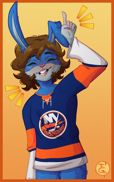 - Drawing Type:
Normal Style / Cell Shading / Thigh Up

- [ 1 ] Character/s:
* Furry / Male / Bunny

- Background:
Simple [Gradient]

- Description:
A drawing of a blue rabbit with grey details on his furr, aside of brown hair, wearing the islanders jersey outfit. His head is leaned to his right and the left hand is raised with pointer finger up, with an expression of excitement and jubilation