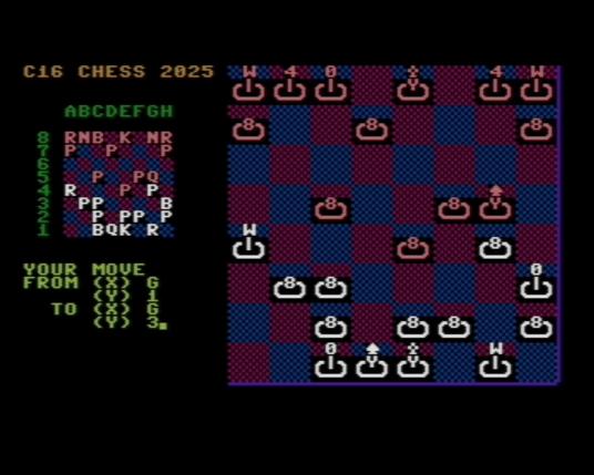 Screenshot of chess type-in game for the Commodore 16. Now with tidier screen elements etc.