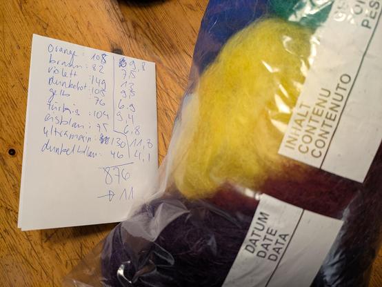 eine handgeschriebene wägeliste, nach der ich 11 beutel mit ähnlicher zusammensetzung bereit gemacht habe.
jeder beutel beinhaltet 80g Wolle.
auf dem Foto ist exemplarisch einer der Beutel