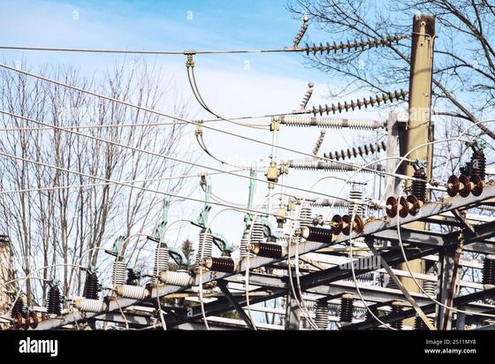 Photo of transformers and power lines from an electric power substation, with a tree in the background