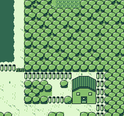 Pixel art of a house in a forest-like area, all in the four Game Boy colors
