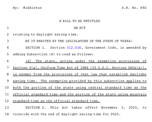 Screenshot of Texas 2025 S.B. No. 692, a bill to exempt Texas from Daylight Saving Time.