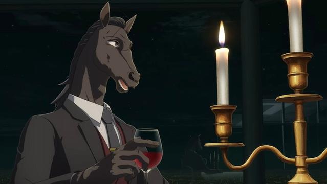 A dark brown antropomorphic stallion (horse head on human torso) is wearing a dark brown suit and matching tie. His human fingers are grabbing a glass of red wine while a candelabra is in the foreground to the right. The background is a dark night sky with a few wispy clouds.