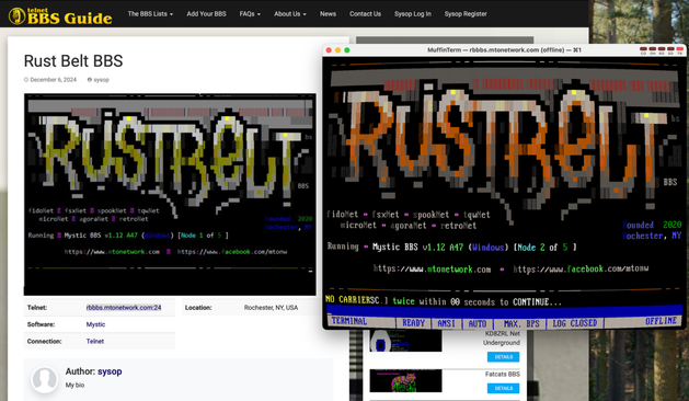 A BBS screenshot on Telnet BBS Guide website compared to the site rendered through MuffinTerm app on macOS