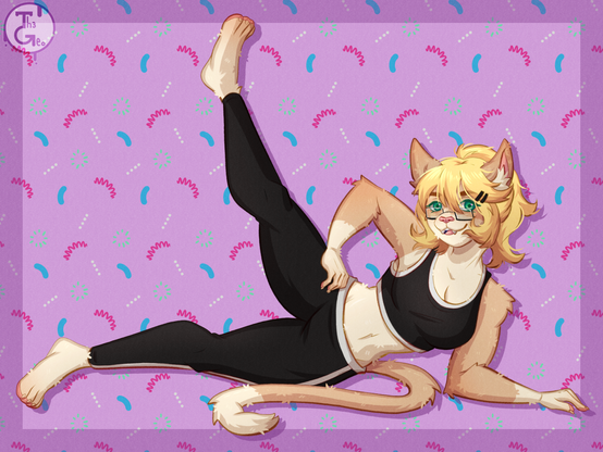 - Drawing Type:
Normal Style / Cell Shading / Fullbody

- [ 1 ] Character/s:
* Furry / Female / Cat

- Background:
Simple

- Description:
A brown cat with blonde hair and green eyes wearing some uniform for exercise and glasses doing some stretches on the ground