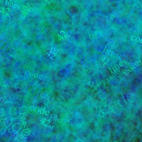 Abstract art, created with code and the text  "Exactly 42 lines of code." The abstract pattern has words as if floating and slowly spinning around in a blue and green cloud.