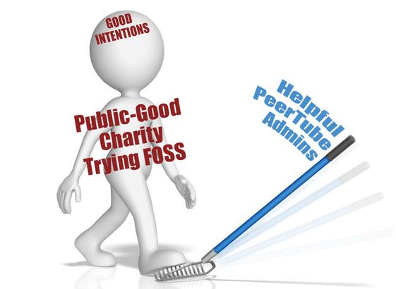 As a cartoon character steps on the tines of a rake on the ground, the handle whooshes upward to smack them in the head, which is labeled "GOOD INTENTIONS."

The character has a caption naming it "Public-Good Charity Trying FOSS" while the rake's handle is labeled "Helpful PeerTube Admins."