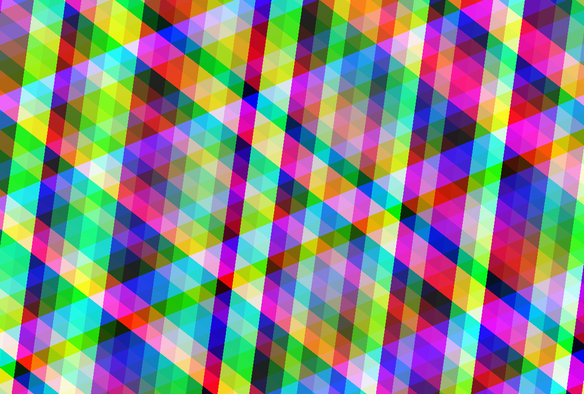 A frame from the linked shader showing red blue and green lines in a triangular grid