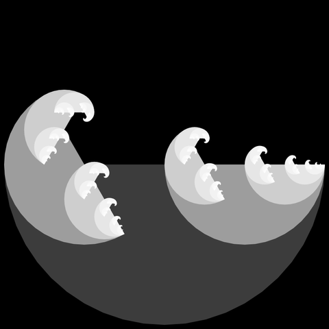 on a black background, recursive half circles go from gray to white, rotating, the overall effect was intended to be reminicent of breaking waves.