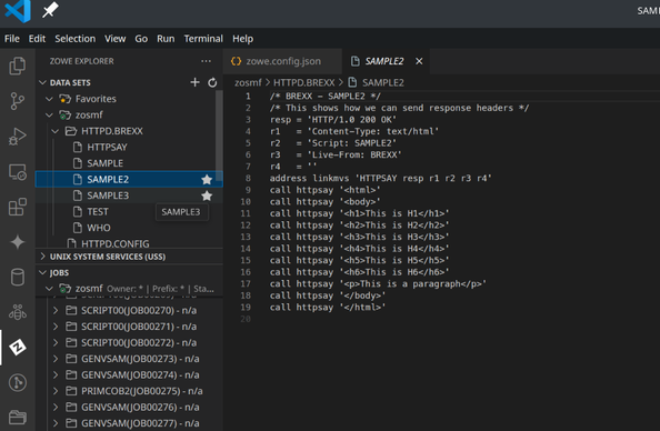 A screenshot of visual studio code with zOWE displaying information from the vintage mainframe