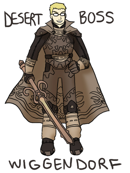 A digital drawing of Ganondorf (I think specifically Ocarina of Time outfit?) but the head is based on Matt Wiggins of LRR: short blonde hair and glasses. The writing around the image says "Desert Boss Wiggendorf"