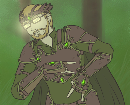 A waist-up digital drawing of Graham Stark from LRR as a green mana planeswalker from Magic the Gathering. He is wearing wooden armour that has ornate edges and green gemstones over a green tunic and cloak, as well as a matching crown-like headpiece. He is making devil horns with his hands as if he were mid-gangsta gesturing. His glasses are reflecting the light.