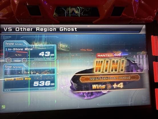 A win against a "Wanted" ghost with a bonus of 4 extra wins. Total personal wins at 43 and total store wins at 536.