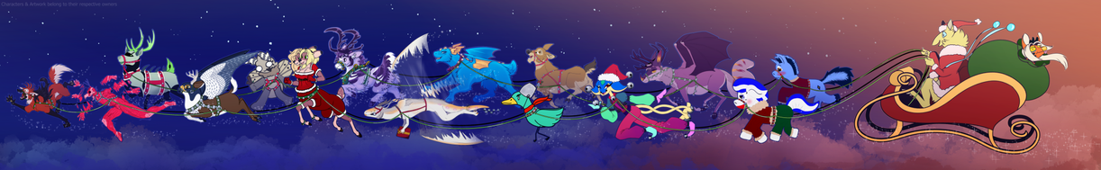 A Christmas collaboration illustration featuring various characters drawn by different artists pulling Santa's sleigh in a night sky