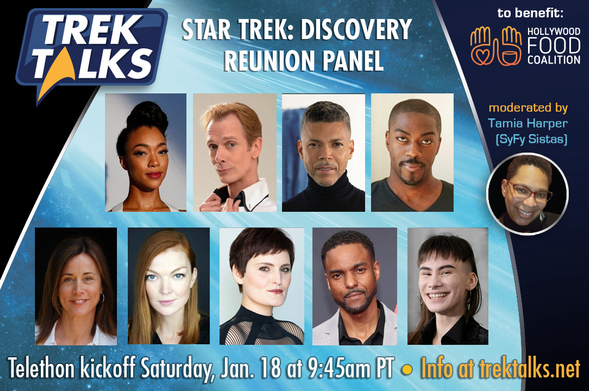 Image of Sonequa Martin-Green, Doug Jones, Wilson Cruz, David Ajala, Jayne Brook, Emily Coutts, Mary Chiefo, Ronnie Rowe, Jr., and Ian Alexander who will be participating in the Star Trek: Discovery Reunion panel during Trek Talks 4 on January 18, 2025 in support of the Hollywood Food Coalition. The panel will be moderated by Tamia Harper of the SyFy Sistas Podcast. More info at TrekTalks.net.