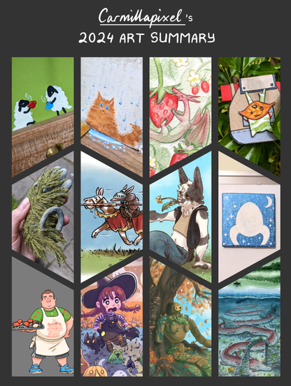 A picture made up of 12 other images. 
Two sheep drinking tea, acrylic gouache on a wall. 
A ginger cat fluffed up in a puddle, acrylic gouache on a wall.
Strawberry dragon, watercolour, coloured pencils and fine liner pen. 
Kokiri in paper craft and watercolour.
Troll, polymer clay, acrylic gouache, wool and yarn. 
Armadillo knight on dog, procreate. 
Furry bunny, procreate 
MicroSFF art, posca pen on canvas. 
OC as Pokémon trainer, procreate. 
Little witch and frog, procreate. 
Laputa robot, procreate. 
Lake dragon, watercolour.