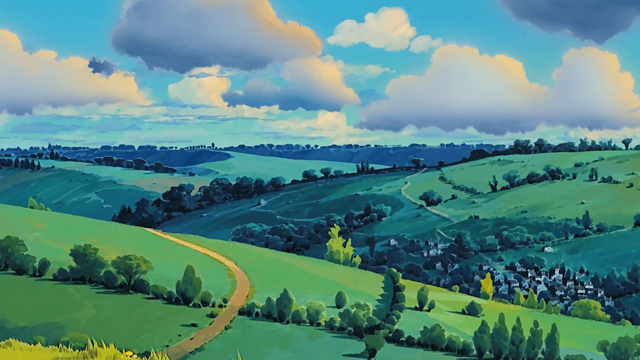 Landscape with clouds, blue sky and green hills with trees. From "Laputa, castle in the sky" anime