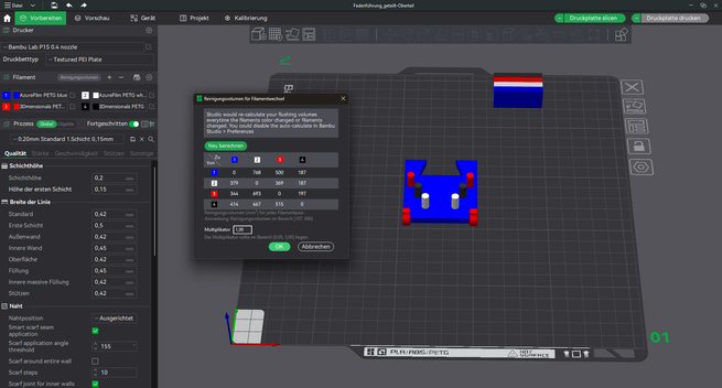BambuLab Slicer mit identischen Einstellungen zum Farbwechsel.