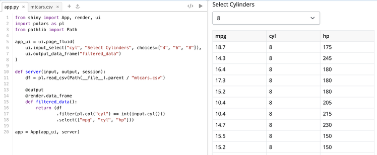 A screenshot of a Shinylive app using Polars code:

from shiny import App, render, ui
import polars as pl
from pathlib import Path

app_ui = ui.page_fluid(
    ui.input_select("cyl", "Select Cylinders", choices=["4", "6", "8"]),
    ui.output_data_frame("filtered_data")
)

def server(input, output, session):
    df = pl.read_csv(Path(__file__).parent / "mtcars.csv")
    
    @output
    @render.data_frame
    def filtered_data():
        return (df
                .filter(pl.col("cyl") == int(input.cyl()))
                .select(["mpg", "cyl", "hp"]))

app = App(app_ui, server)