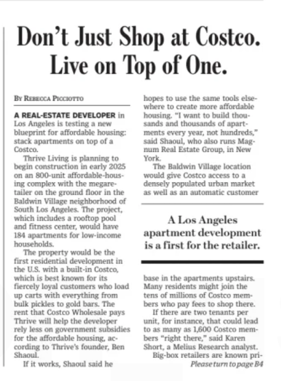 "A real estate developer is testing a new blueprint for affordable housing: stack apartments on top of a Costco..."