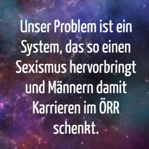 Bild mit folgendem Text:
Unser Problem ist ein System, das so einen Sexismus hervorbringt und Männern damit Karrieren im ÖRR schenkt.