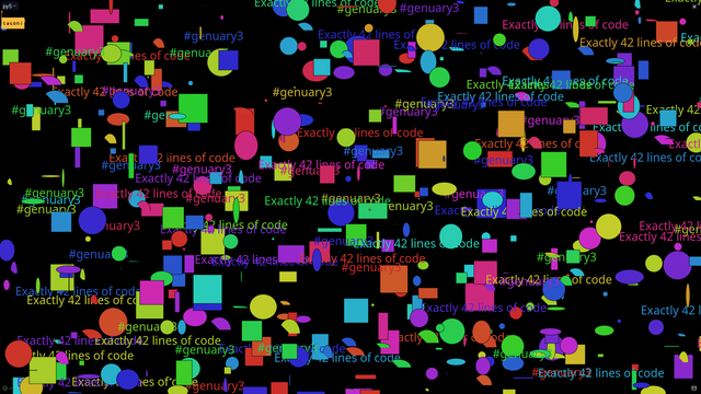 formas coloridas e aleatórios em um fundo preto com alguns escritos coloridos: "Exactly 42 lines of code" e "#genuary3"
