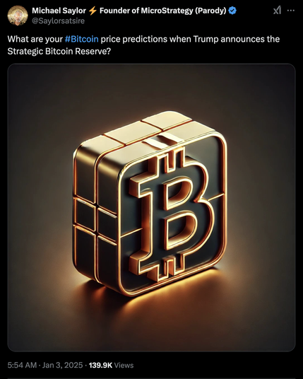 a tweet by Michael Saylor pumping the idea that the price of bitcoin will skyrocket as soon as Trump announces America's "Strategic Bitcoin Reserve".