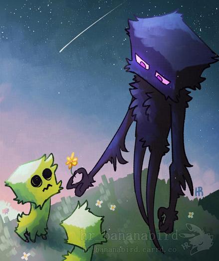 Digital art of an Enderman and two Creepers from the video game, Minecraft. The Enderman is holding a small yellow flower in their right hand, and offering it to a small and confused looking Creeper. They are all standing on a cubed grassy mountain top at dusk, where there are stars and a single shooting star, shining in the sky.