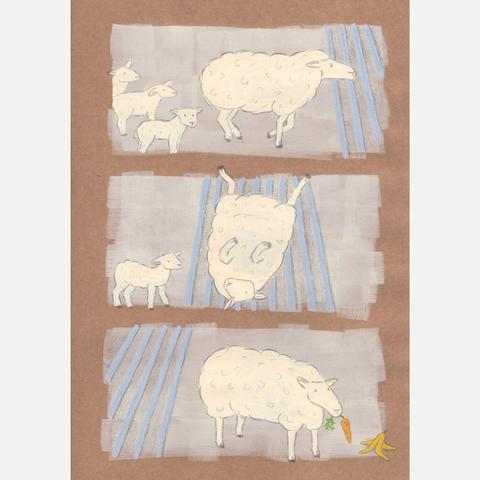 Brown kraft paper, with thin wash of cream paint to make three panels, first has a sheep running at a cattle grid with 3 lambs watching, second has a sheep rolling on the grid with a confused lamb watching, third has the sheep eating a carrot and a banana skin. The colours are all very muted, almost entirely cream.