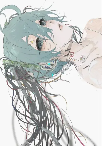 A drawing of Miku Hatsune with cyber implants in her neck and head.