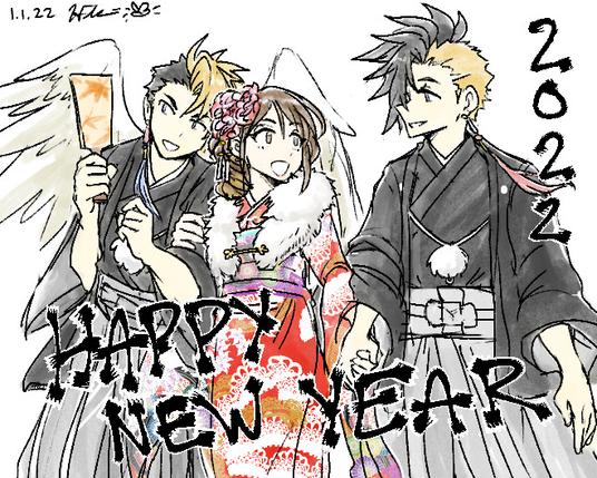 dark brown haired girl wearing her hair in a side curled ponytail and hairpiece and red furisode linking arms with grand summoners daki and raki in yukata, "Happy New Year"
