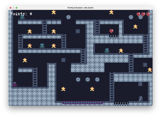 Screenshot of a window running a platformer game with a retro 8-bit look. It has a dark gray industrial look.