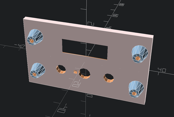 Screenshot of my OpenSCAD 3D model. Pegs for mounting a PCB and holes for display, buttons and OLED display. Back side view.