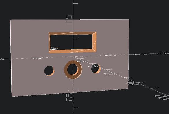 Screenshot of my OpenSCAD 3D model. Pegs for mounting a PCB and holes for display, buttons and OLED display. Front side view.