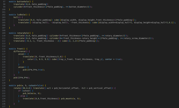 Screenshot of Visual Studio Code with some of the SCAD code required for the model.