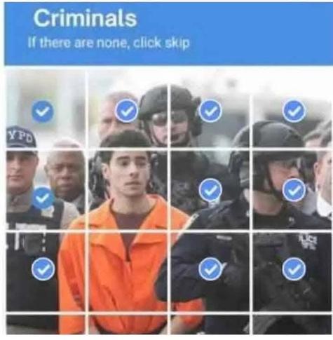 Luigi mangione being escorted by a full swat team and the mayor of ny, depicted in a captcha: "criminals, if there are none, skip" with the police and mayor all selected and Luigi not.