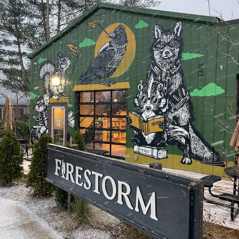 The Firestorm storefront has a light dusting of snow. The building is green with a mural of anthropomorphized animals. A large sign says "Firestorm." An inviting glow shines through the windows of the garage door.