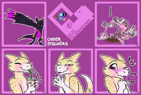 Digital art of Bat, Kobold, and Avali characters made for telegram/discord stickers. Bat is dabbing with his wings, Kobold is sipping iced coffee, plotting something for sure, and looking blushy/happy to receive a compliment. Avali has crashed into the ground.