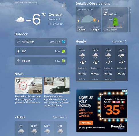 The image displays a weather forecast with a current temperature of -6°C, feeling like -13°C, and overcast conditions. It includes details on air quality, UV levels, and health risks, as well as hourly forecasts showing snow in the evening