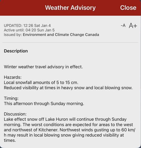 The image displays a winter weather travel advisory, including hazards of 5 to 15 cm of snowfall and reduced visibility due to heavy snow and blowing snow. The advisory is effective from Saturday afternoon until Sunday morning, with specific concerns regarding lake effect snow off Lake Huron.