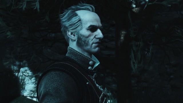 This is a photo of Regis from The Witcher 3: Blood and Wine. It's semi-dark outside and the moonlight was a white-blue glow to it.