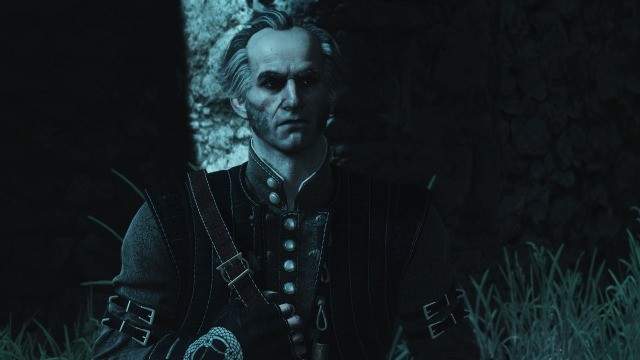 This is a photo of Regis from The Witcher 3: Blood and Wine. It's semi-dark outside and the moonlight was a white-blue glow to it.